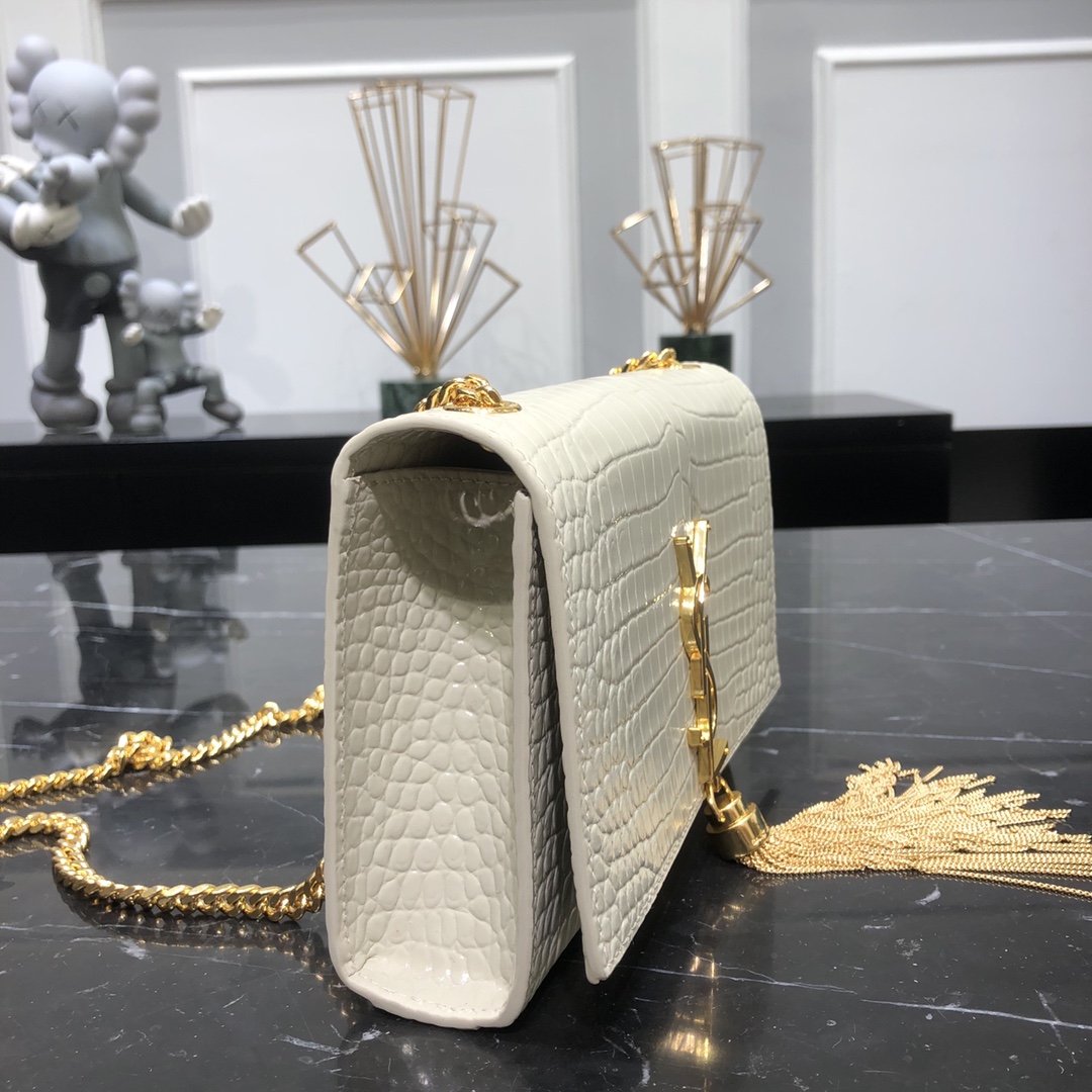 Saint Laurent Kate Tassel Small Crocodile Embossed Calfskin Shoulder Bag Handbag White 474366 Gold